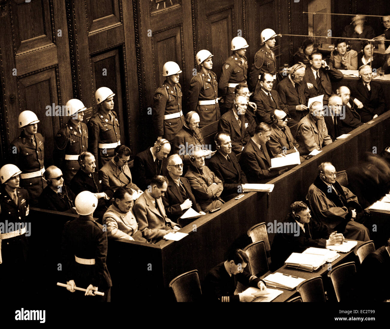 Nuremberg Trials.  Looking down on defendants' dock, ca.  1945-46. Stock Photo