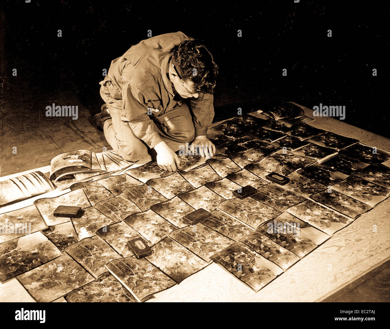 T/3 James Ellis, Ehrenfeld, Pa., laying out the photographs to check their sequence.  660th Engineers, Kew Gardens, England.  January 11, 1943.  Photo by Ham.  (Army) Stock Photo