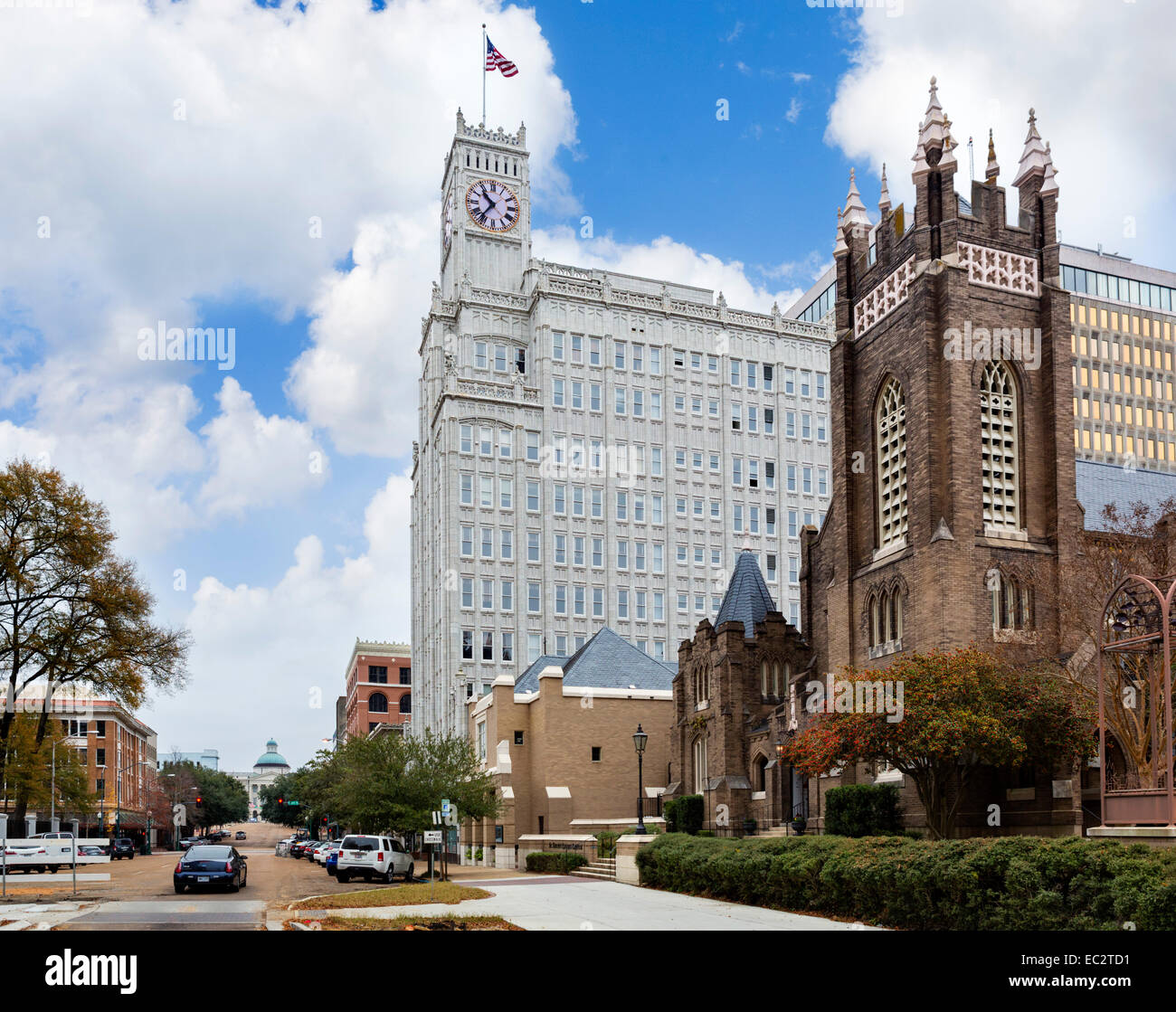 East Capitol St in downtown with Lamar Life Building in foreground and Old Capitol in distance, Jackson, Mississippi, USA Stock Photo