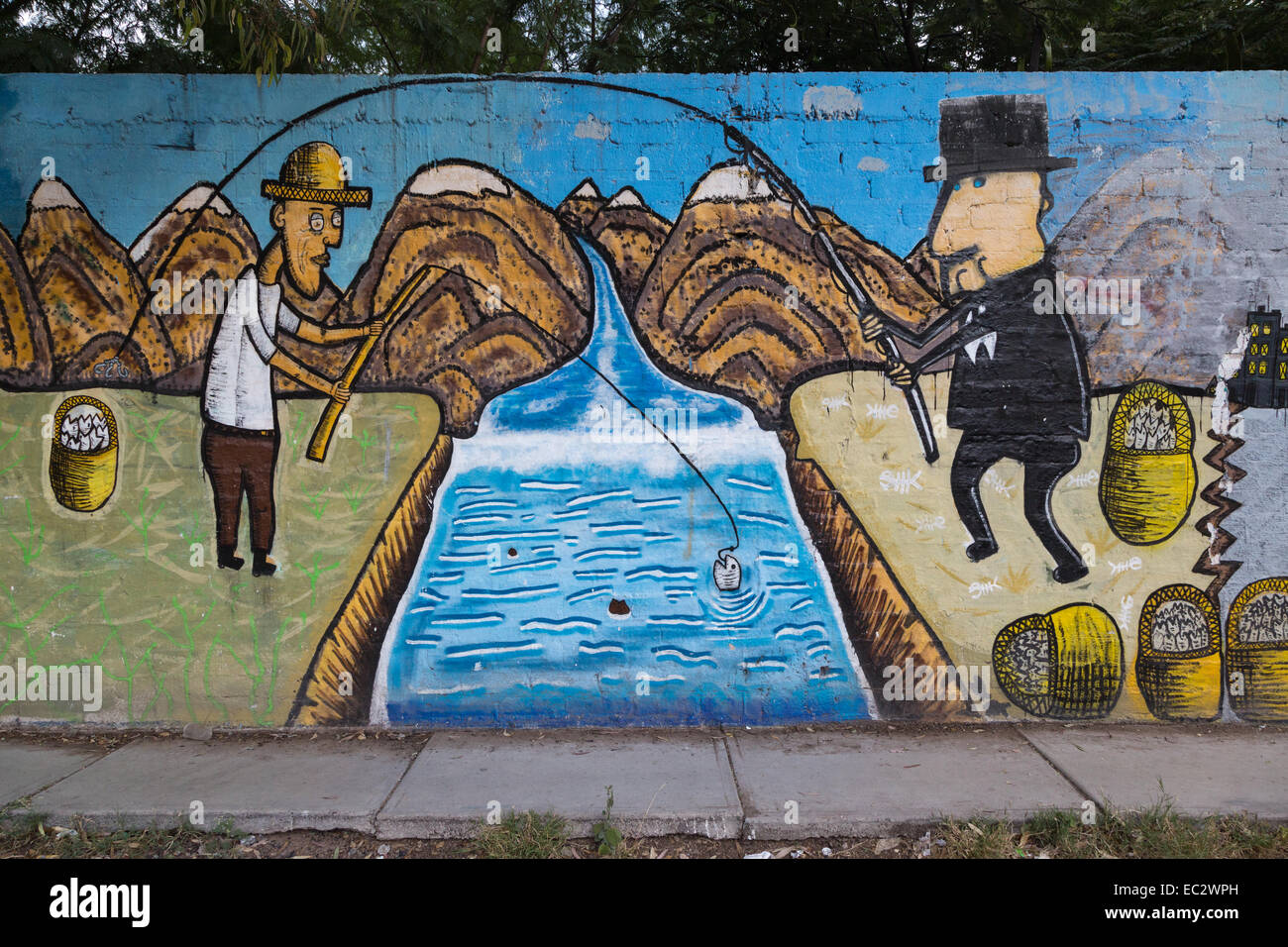 Urban Art Depicting Two Men Fishing One Stealing The Catch Of The Other In The Spanish Colonial City Of Santiago De Queretaro Stock Photo Alamy