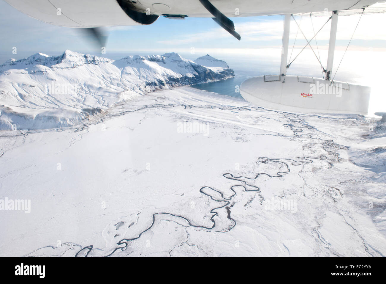 Aerial view of Aleutian Islands from plane Stock Photo