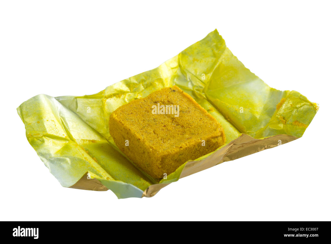 Concentrates chicken flavor bouillon cube isolated over white background with clipping path Stock Photo