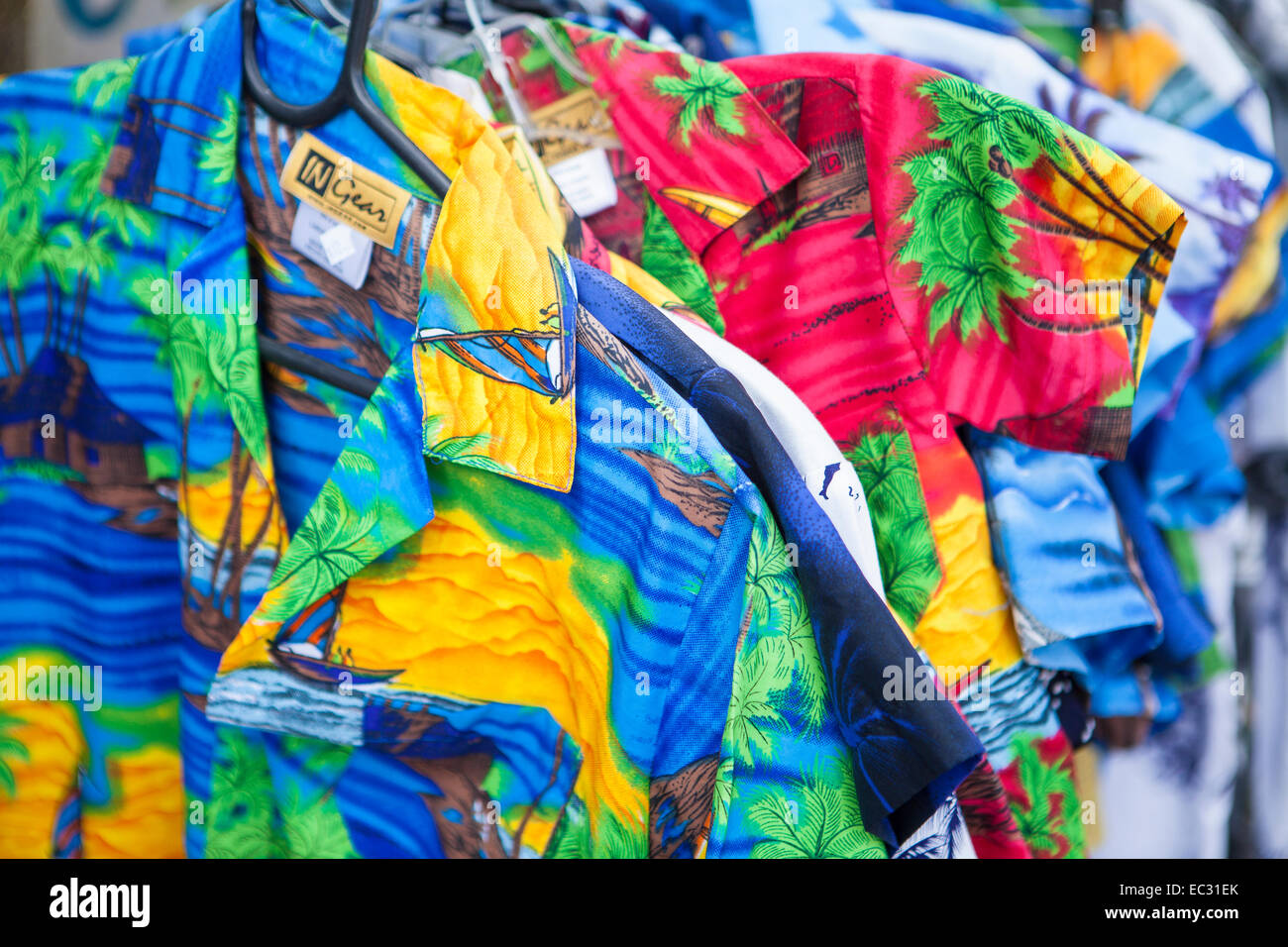 Hawaiian style surfer shirts for sale,Pismo Beach, Central Coast, California, United States of America Stock Photo