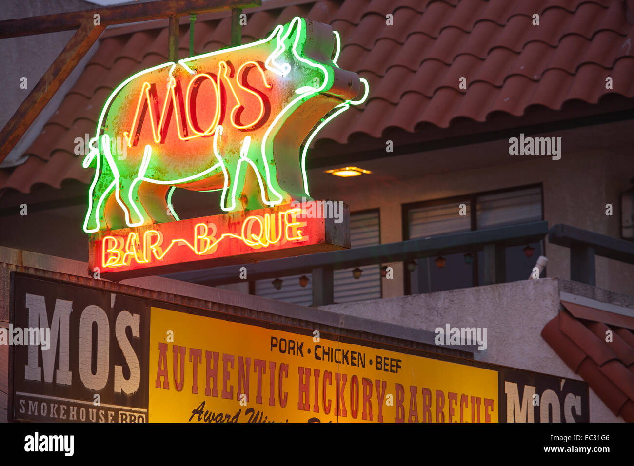 neon sign, Mo's Bar-B-Que, Pismo Beach, Central Coast, California, United States of America Stock Photo
