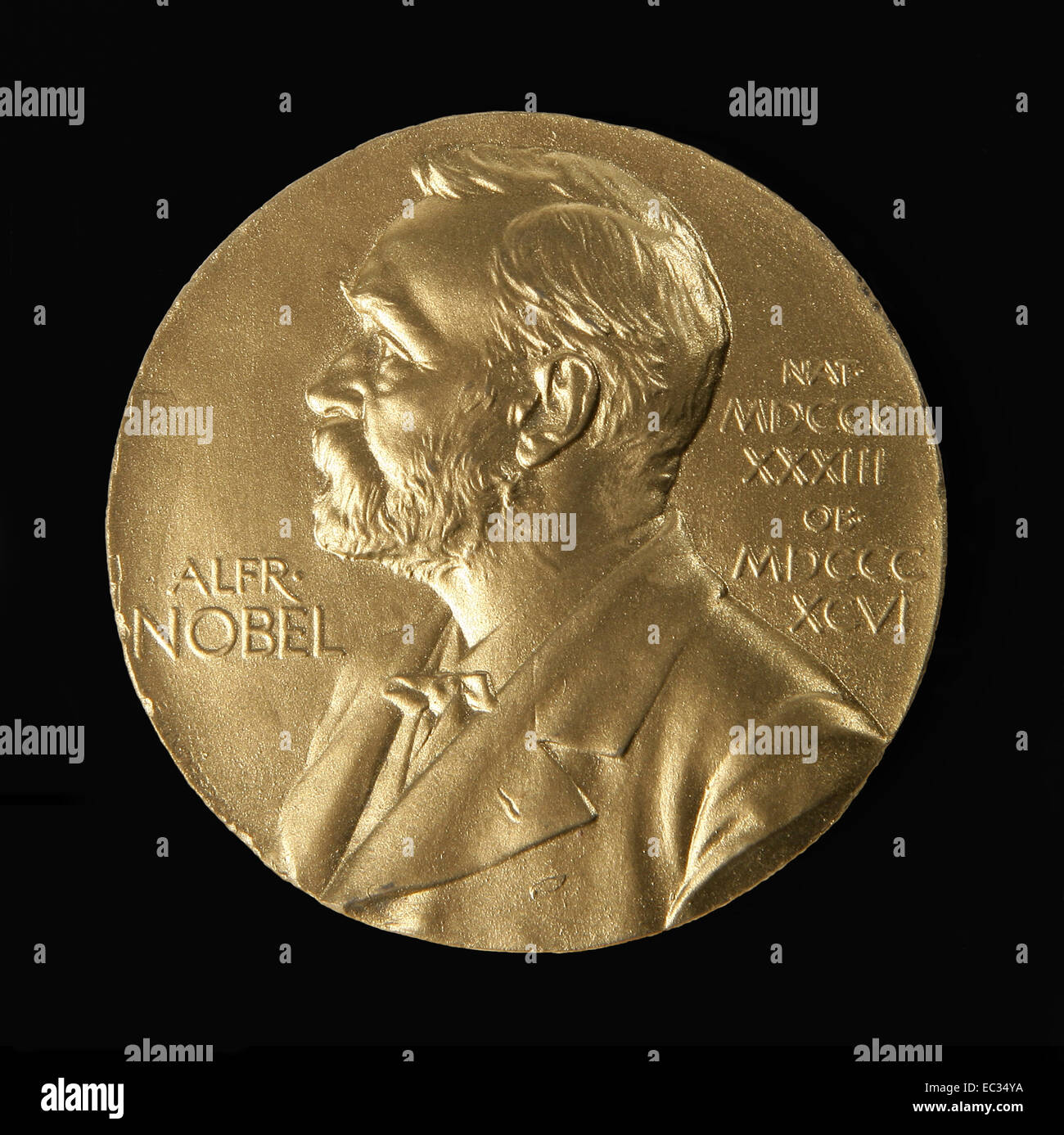 Nobel prize Medal.Alfred Nobel.Gold.Science.Front. Stock Photo