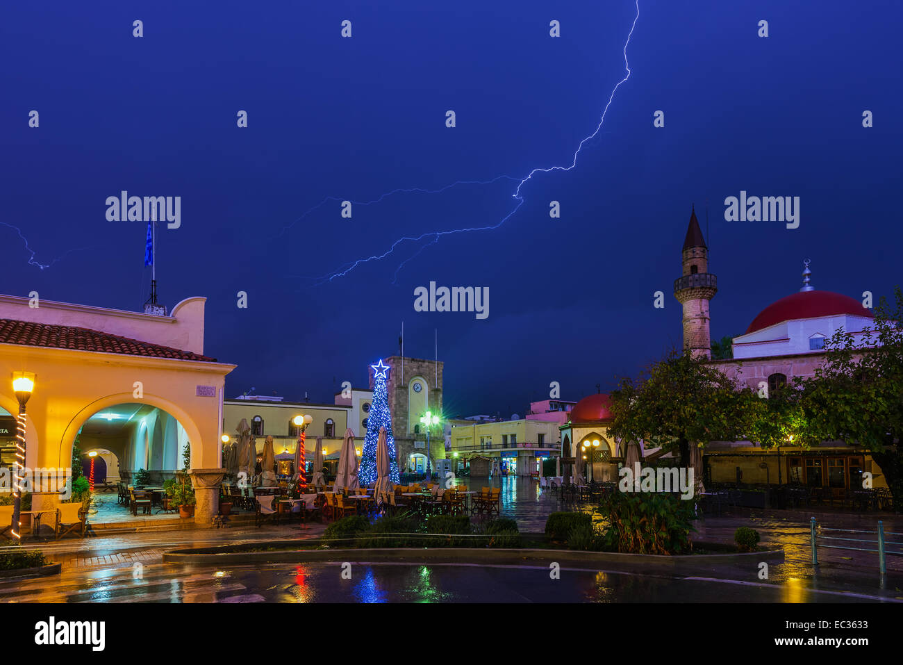 Storm and lightning in  Eleftherias square,Kos island Greece Stock Photo