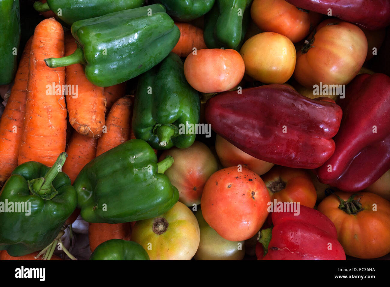 Peppers (Capsicum), carrots (Daucus carota), tomatos (Solanum) Stock Photo