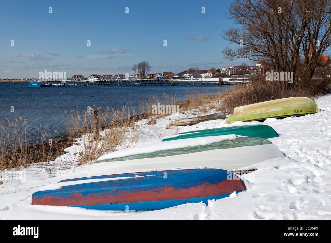 Boats in the snow on the shore, behind Rerik, Gulf of Mecklenburg, Mecklenburg, Baltic Sea, Germany Stock Photo