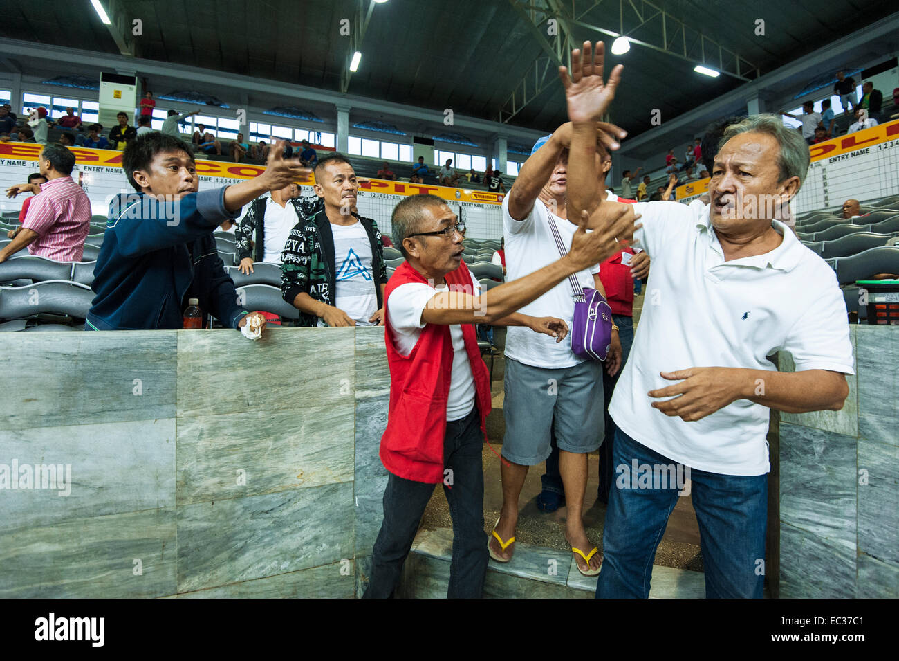 Filipino men betting at a cockfight Stock Photo