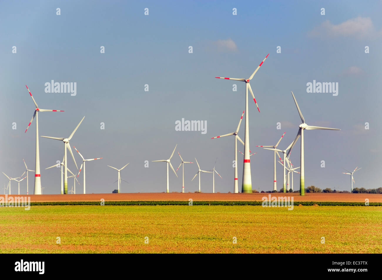 Wind turbines on farmland, Thuringia, Germany Stock Photo