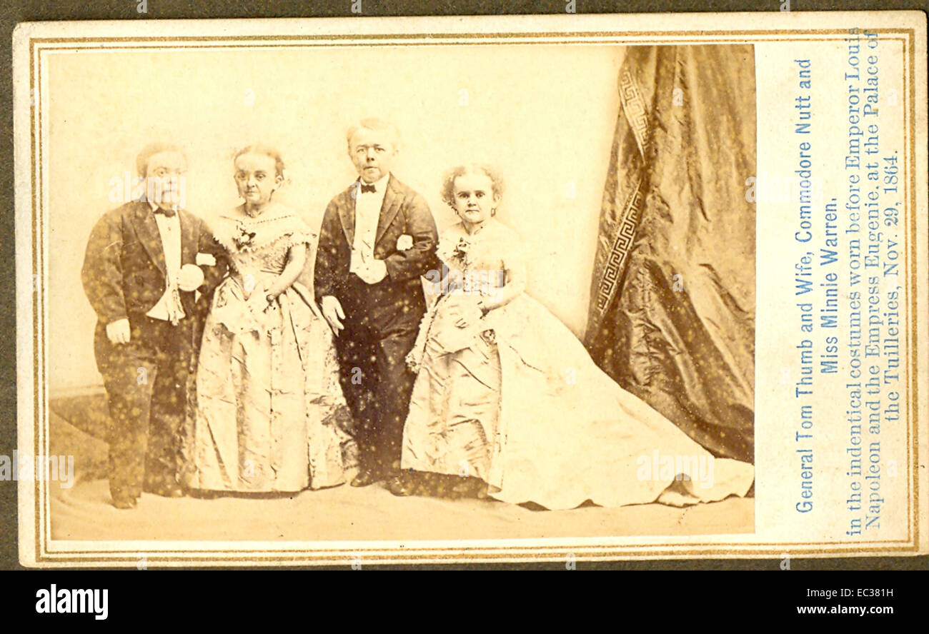 Carte de visite photograph of General Tom Thumb (Charles S Stratton) and wife (Lavinia Warren Stratton) with Commodore Nutt and Miss Minnie Warren Stock Photo