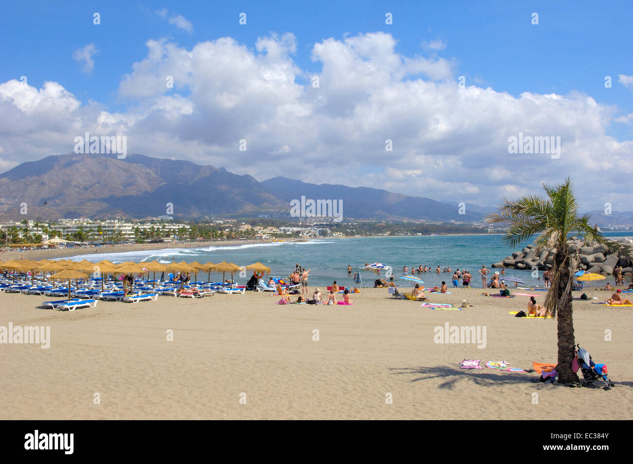Puerto Banus beach, mountain and sea view, Marbella, Costa del Sol, Spain  Stock Photo