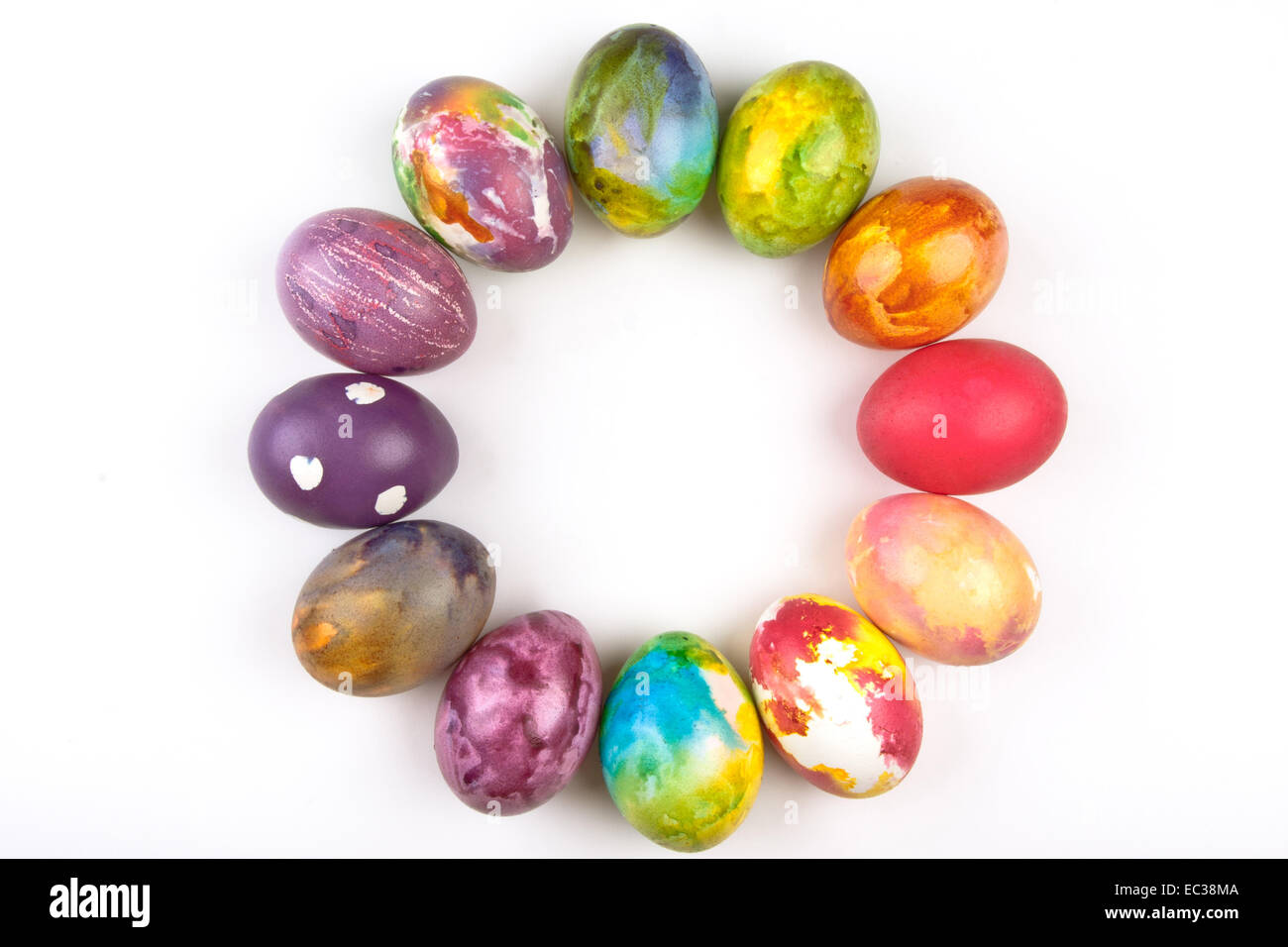 Easter eggs arranged in a circle. Stock Photo