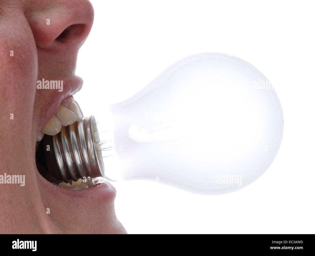 Electric Bulb in a Mouth Stock Photo