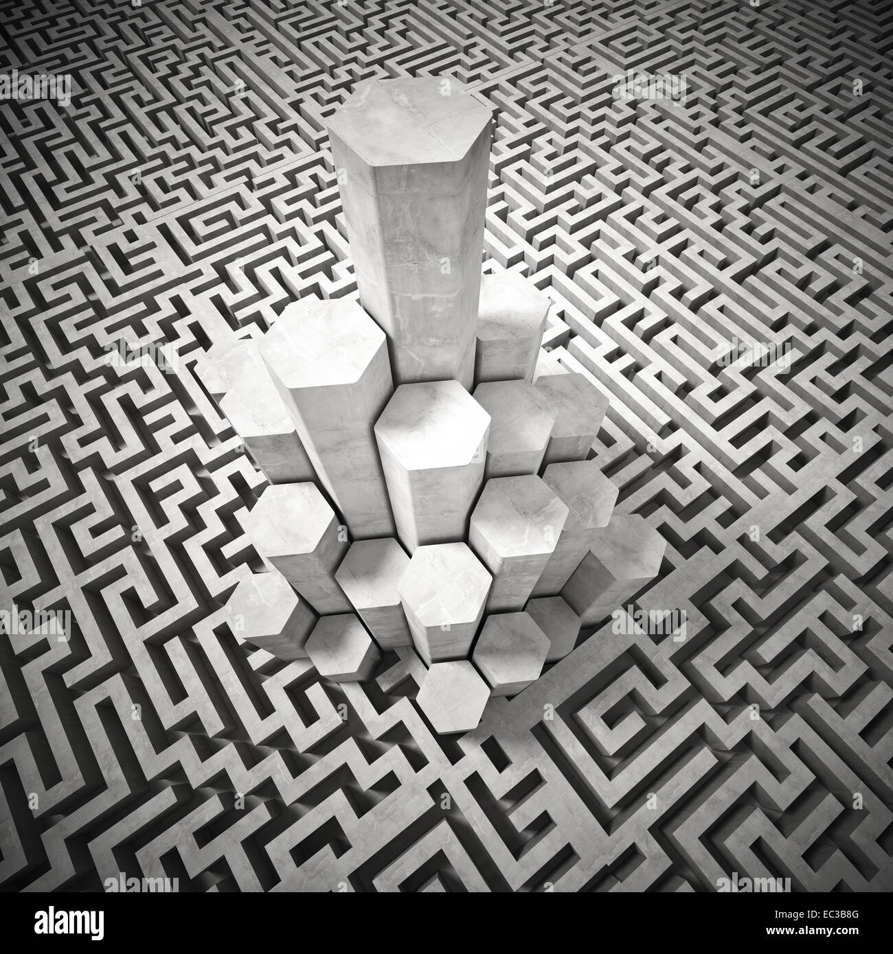 3d image of tall tower and maze Stock Photo