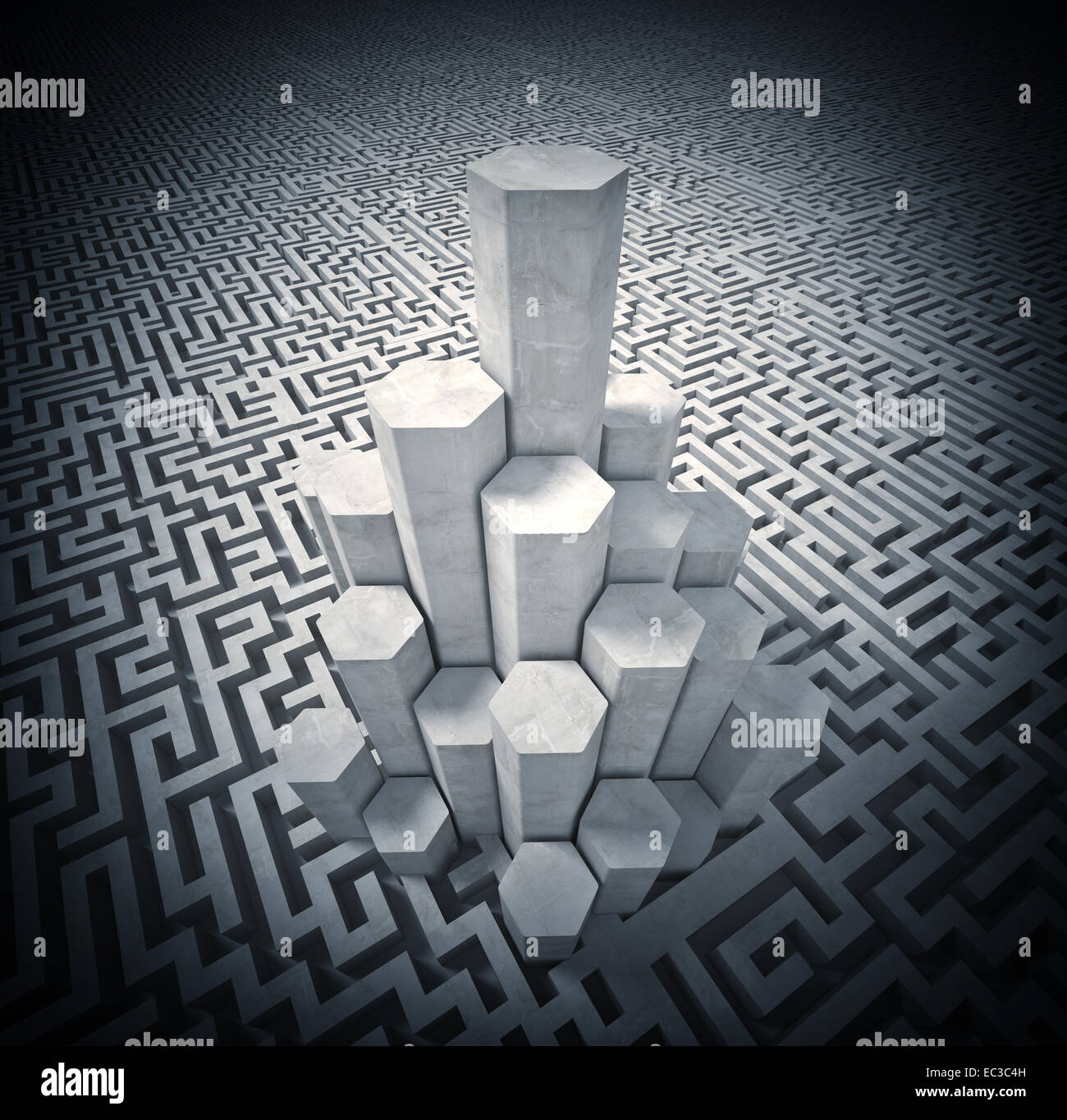 3d image of tall tower and maze Stock Photo