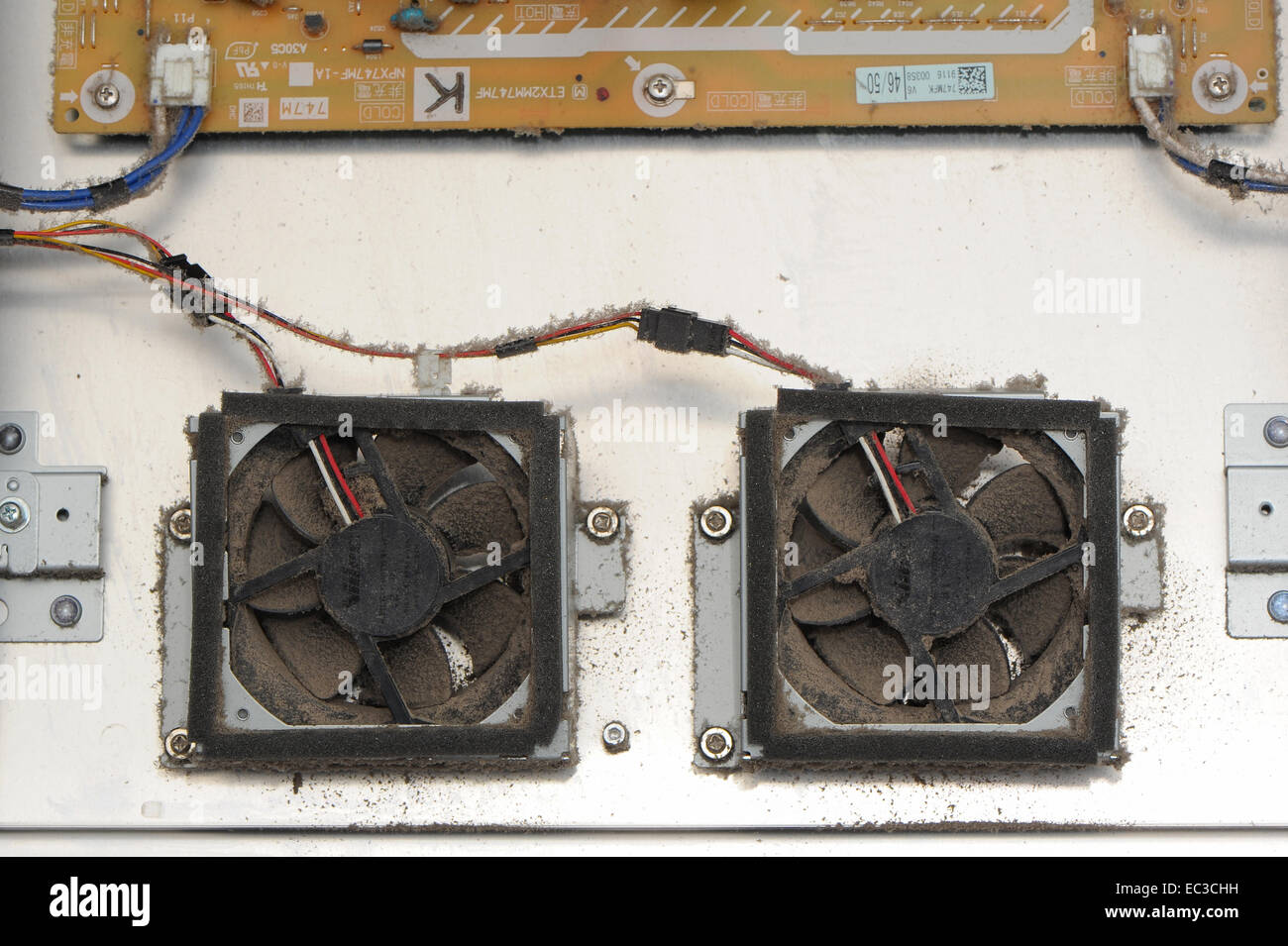 Dust accumulation inside electronic equipment showing cooling fans