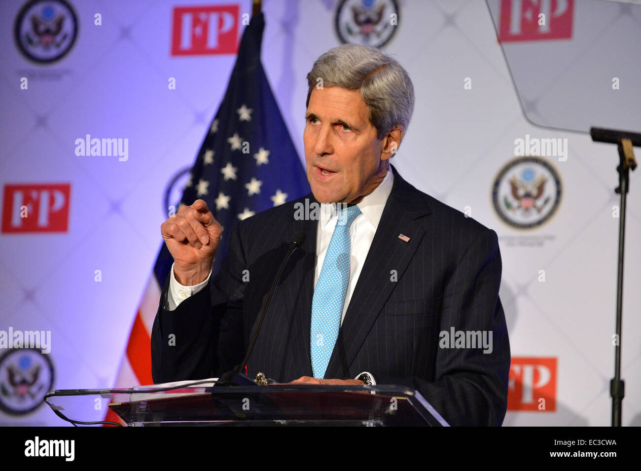 U.S. Secretary of State John Kerry speaks at the 2014 Transformational Trends Forum, co-hosted by the U.S. Department of State and Foreign Policy, in Washington, D.C., on November 17, 2014. Stock Photo