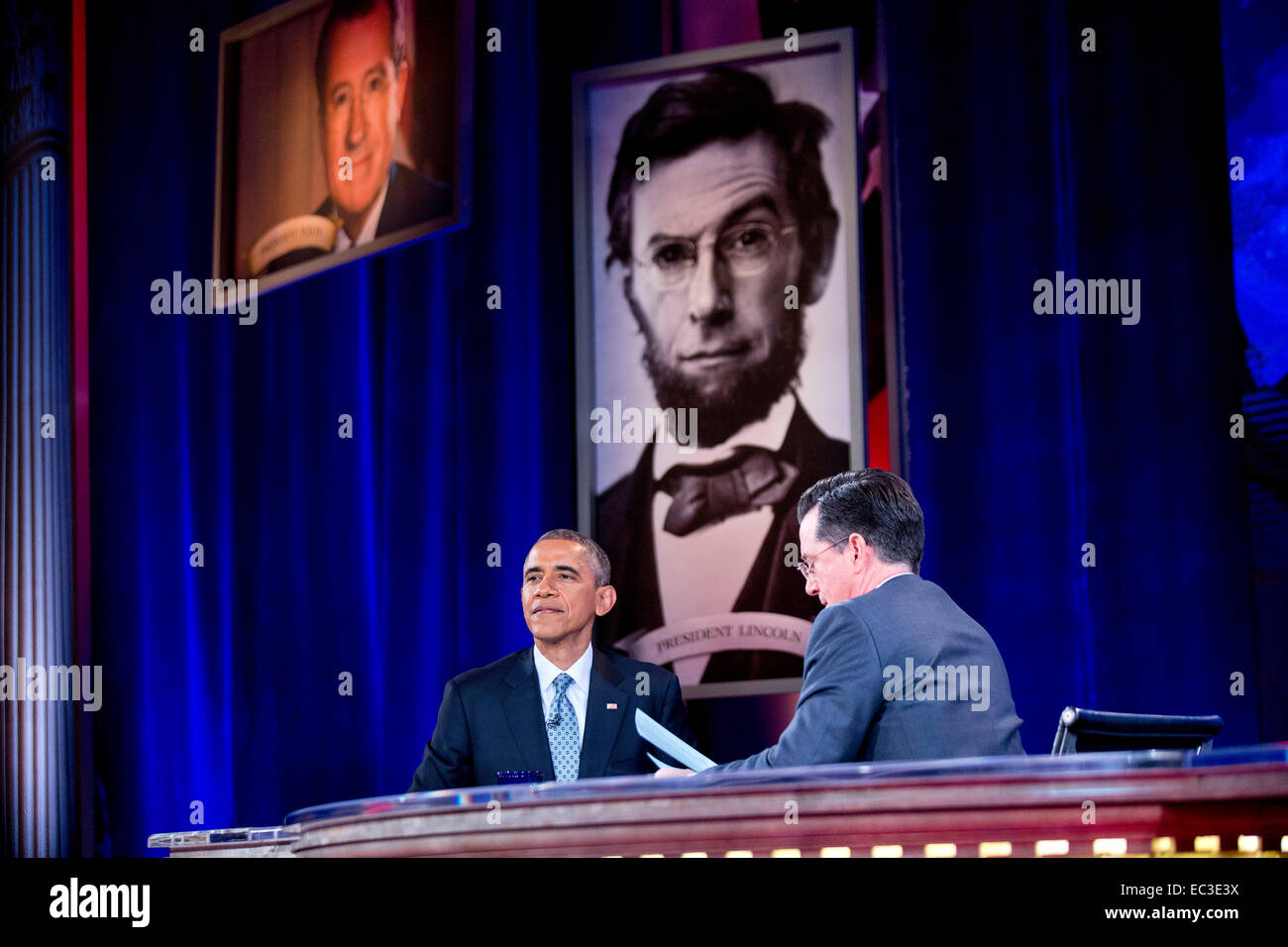 Washington, DC, USA. 8th Dec, 2014. United States President Barack Obama, left, tapes Comedy Central's 'The Colbert Report' with television personality Stephen Colbert in Lisner Auditorium on the campus of George Washington University in Washington, DC, U.S., on Monday, December 8, 2014. This is President Obama's third appearance on 'The Colbert Report' that will broadcast its final show on December 18, 2014. Credit:  dpa picture alliance/Alamy Live News Stock Photo