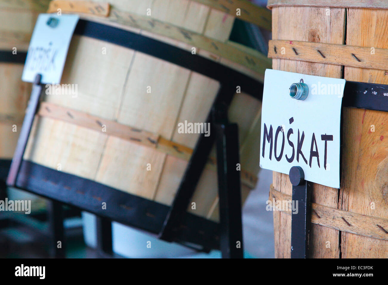 Wine in a barrel Moskat Stock Photo