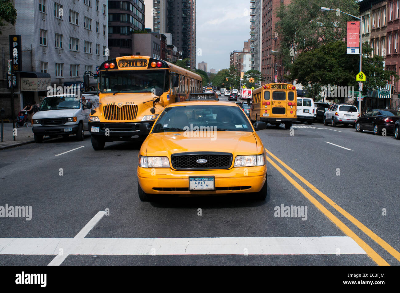 United States, New York City, Manhattan, school buses and taxi cab. A school bus (also called schoolbus) in North America is a t Stock Photo