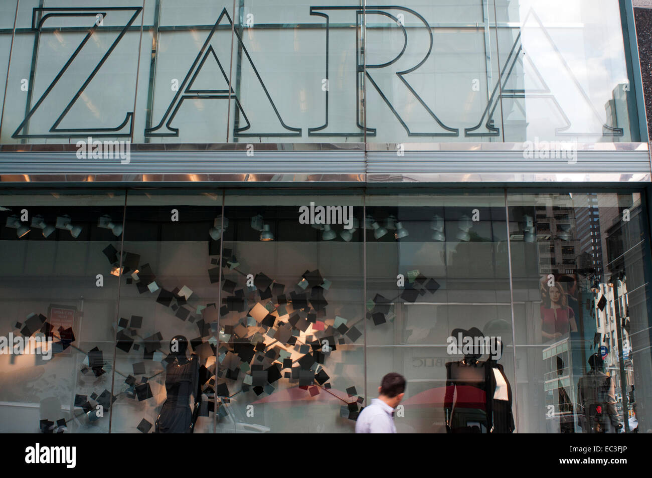 Storefront of ZARA on Fifth Avenue. The luxury tents, which are synonymous with Fifth Avenue began to appear when high society moved north of the city. In 1917, Cartier acquired the mansion of banker Morton F. Plant in exchange for a pearl necklace, starting a trend that would continue other business houses. In this section of Midtown just no place for shopping, but there are also three museums and a varied sample of architectural styles. Stock Photo