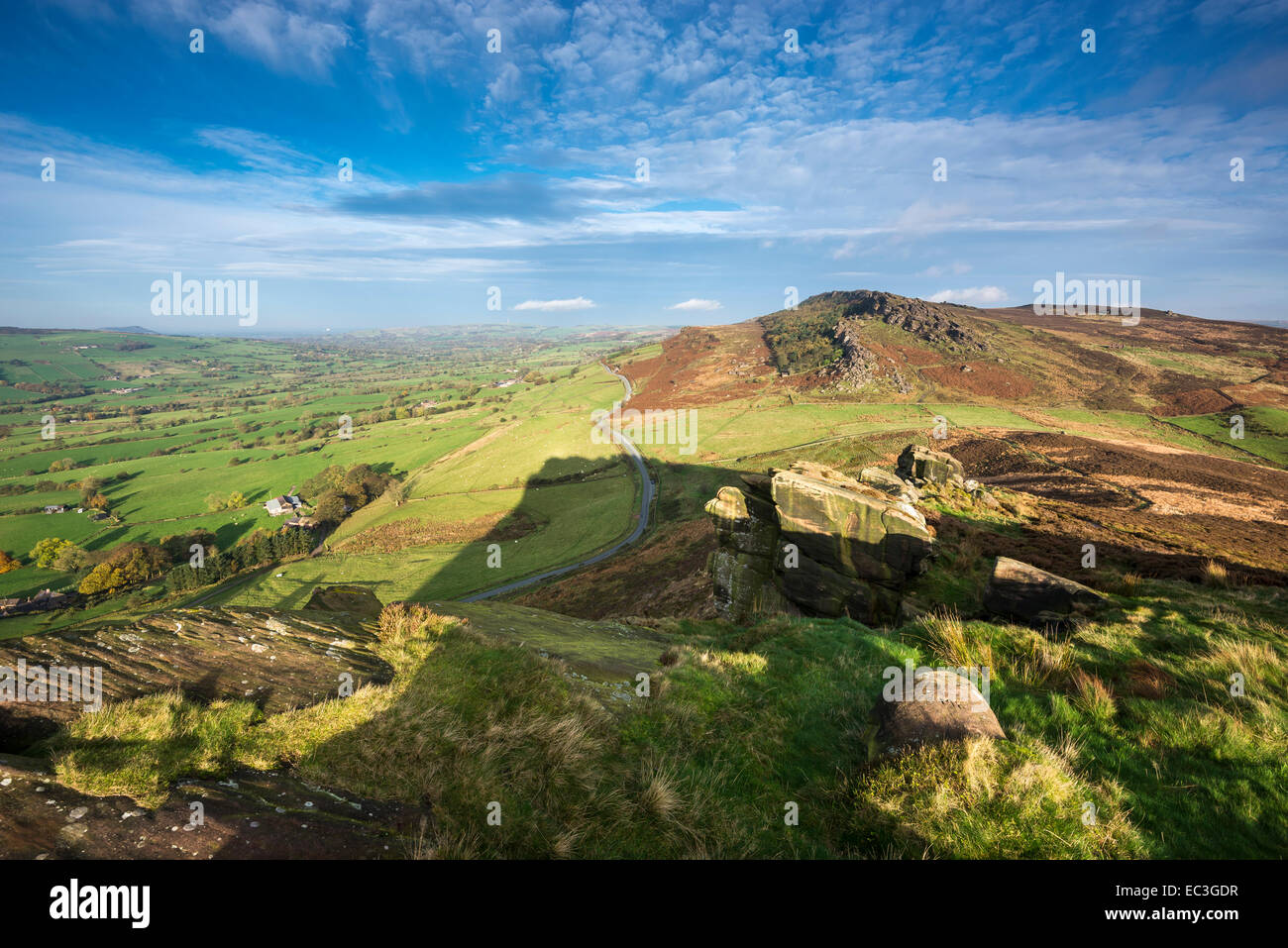 View from Hen Cloud to The Roaches a rocky escarpment in the Staffordshire part of the Peak District. Stock Photo