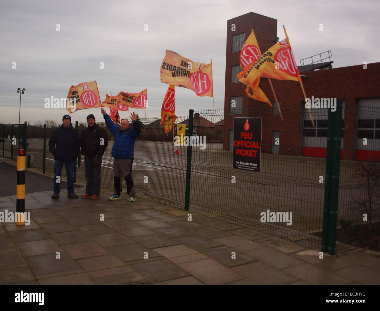 Newcastle Upon Tyne, UK. 9th December, 2014. Members of Tyne&Wear Fire and Rescue (Red Watch) on 24hr national strike in dispute over pensions. Credit:  james walsh/Alamy Live News Stock Photo