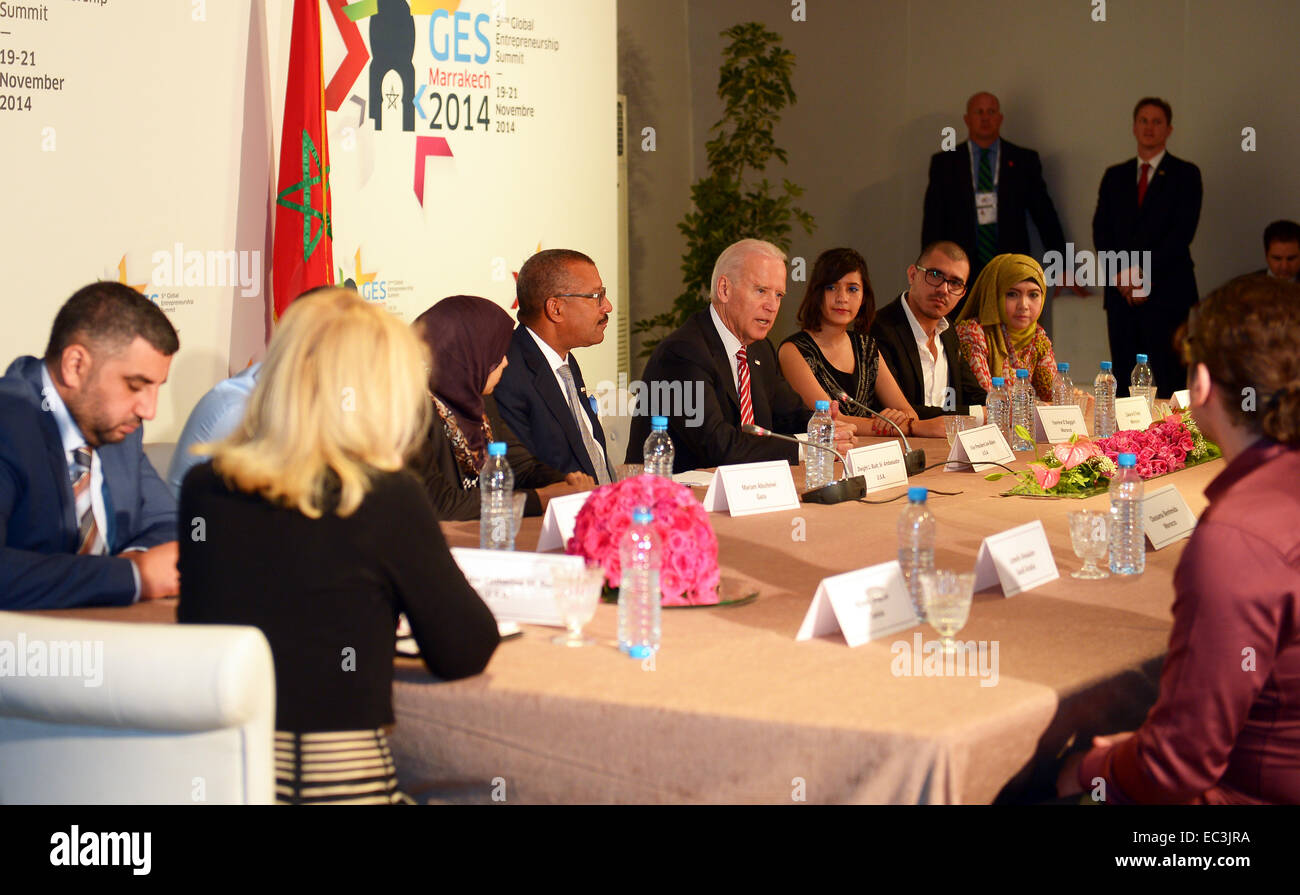 U.S. Vice President Joe Biden participates in a roundtable discussion with youth entrepreneurs at the Global Entrepreneurship Summit in Marrakech, Morocco, on November 20, 2014. Stock Photo