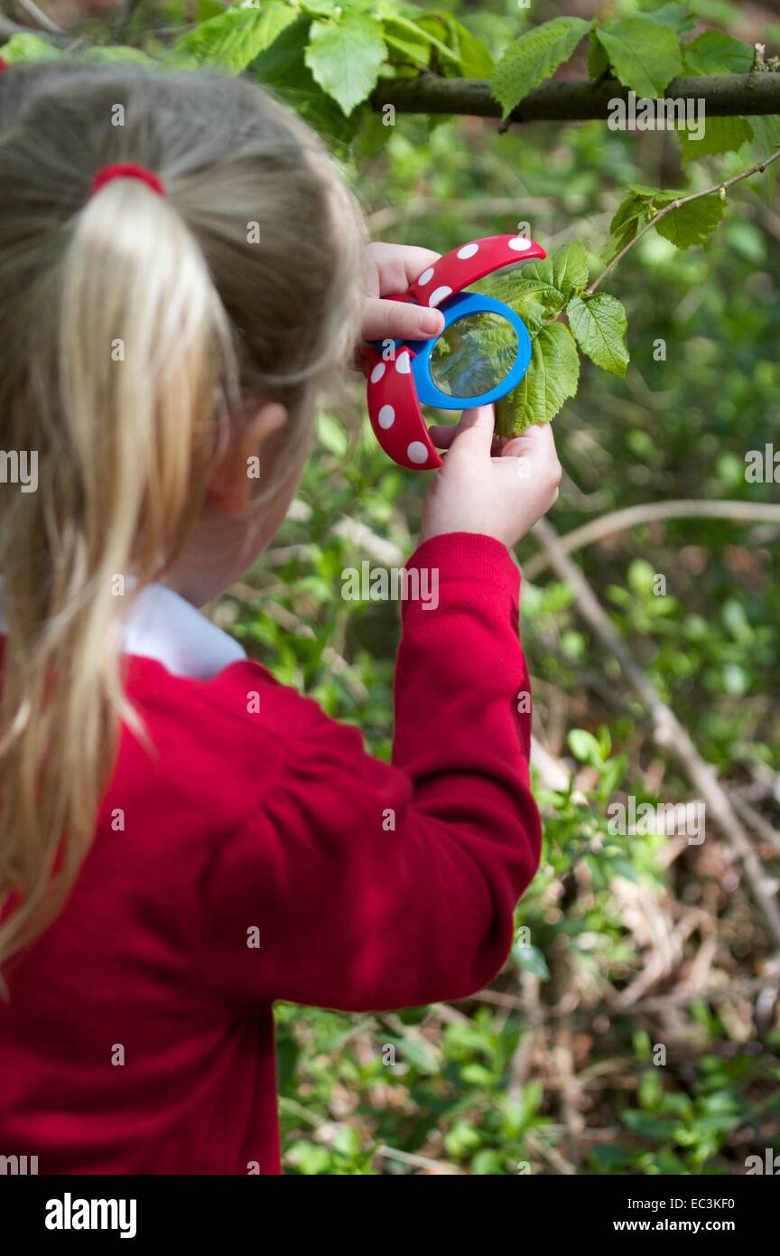 British schoolgirl investigating nature outside Stock Photo