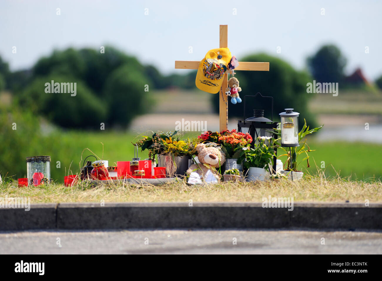 Wooden cross for road casualty Stock Photo