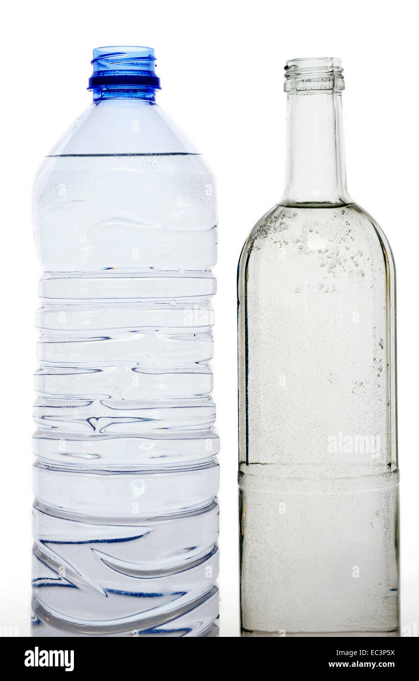Glass and pvc water bottles Stock Photo