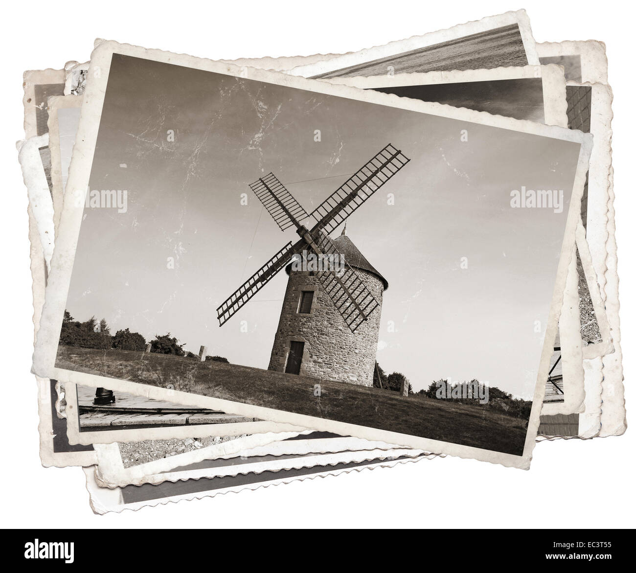 Vintage photos with Old windmill in Normandy, France Stock Photo