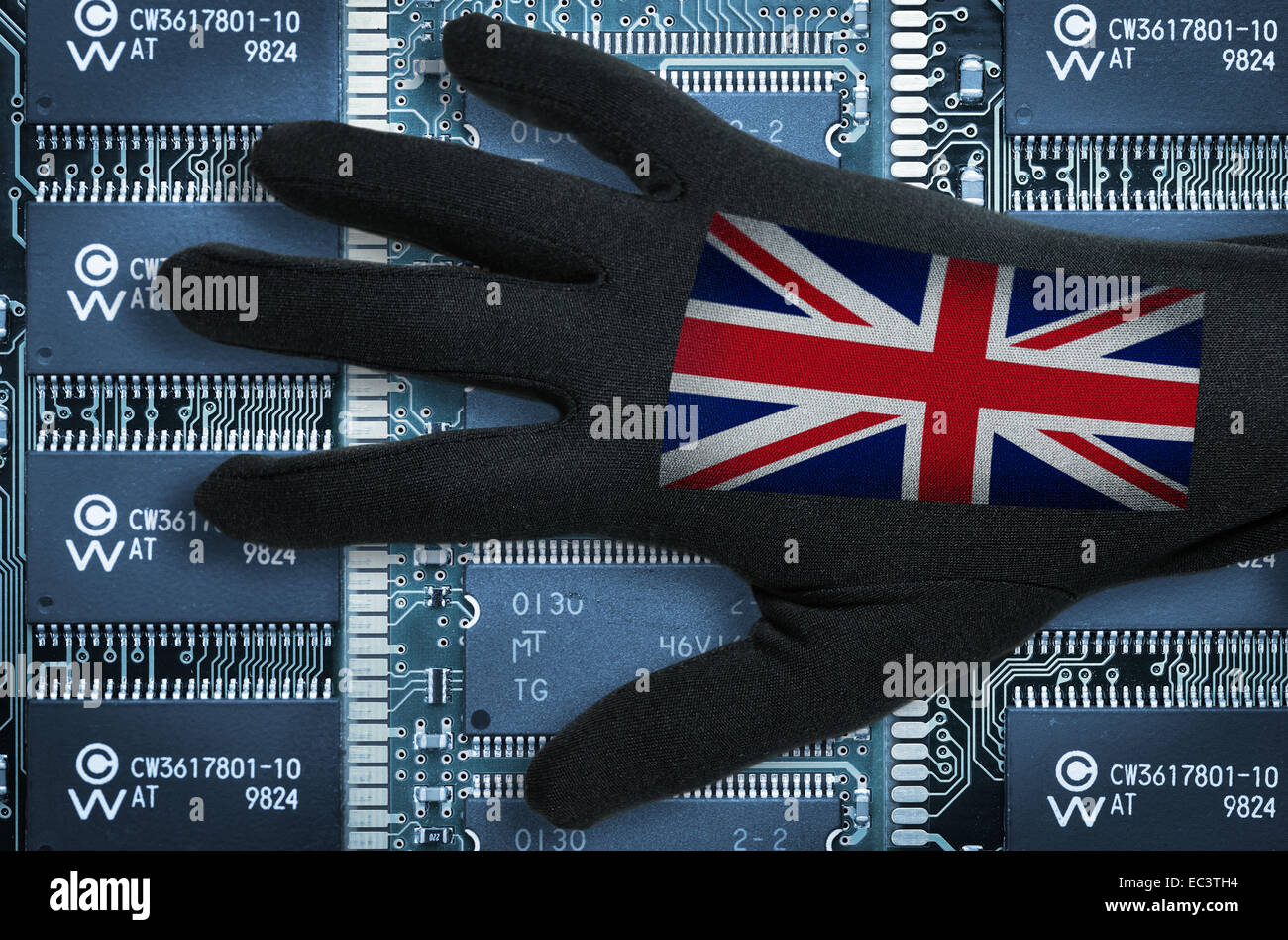 Black hand with flag of Great Britain, tempora surveillance program Stock Photo