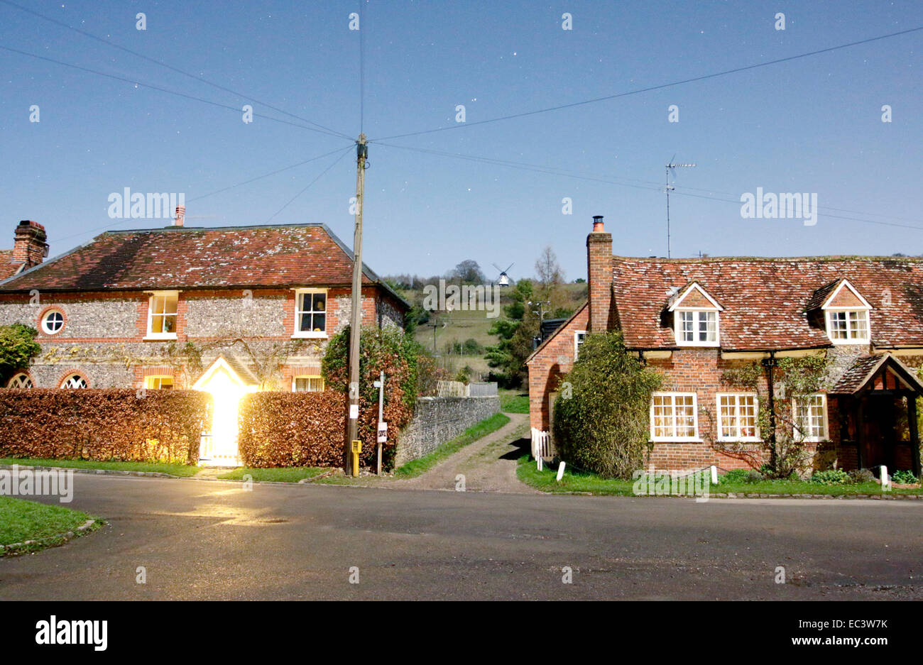 Turville, Bucks, UK, photographed at night in winter by the light of the full Moon only. Stock Photo