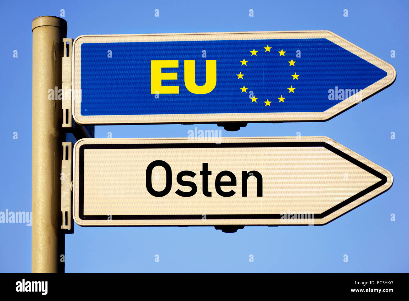 Signpost EU and east direction, photomontage Stock Photo