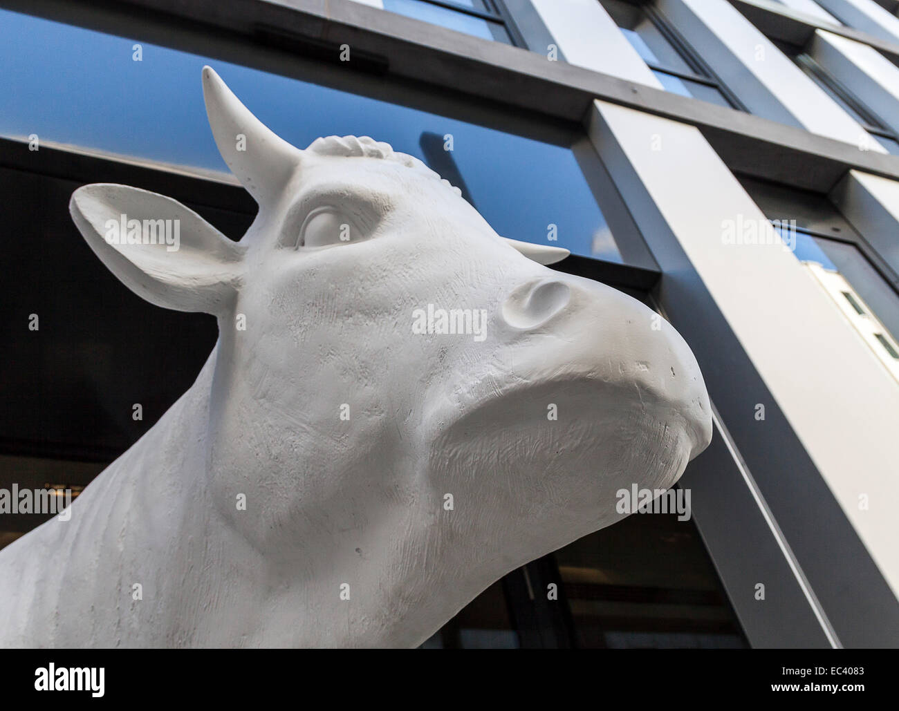 Cow made amp 8203 amp 8203 of cardboard at the entrance of an office building Stock Photo