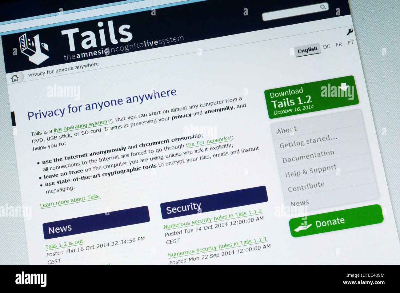 The home page of the Tails privacy web site. Stock Photo