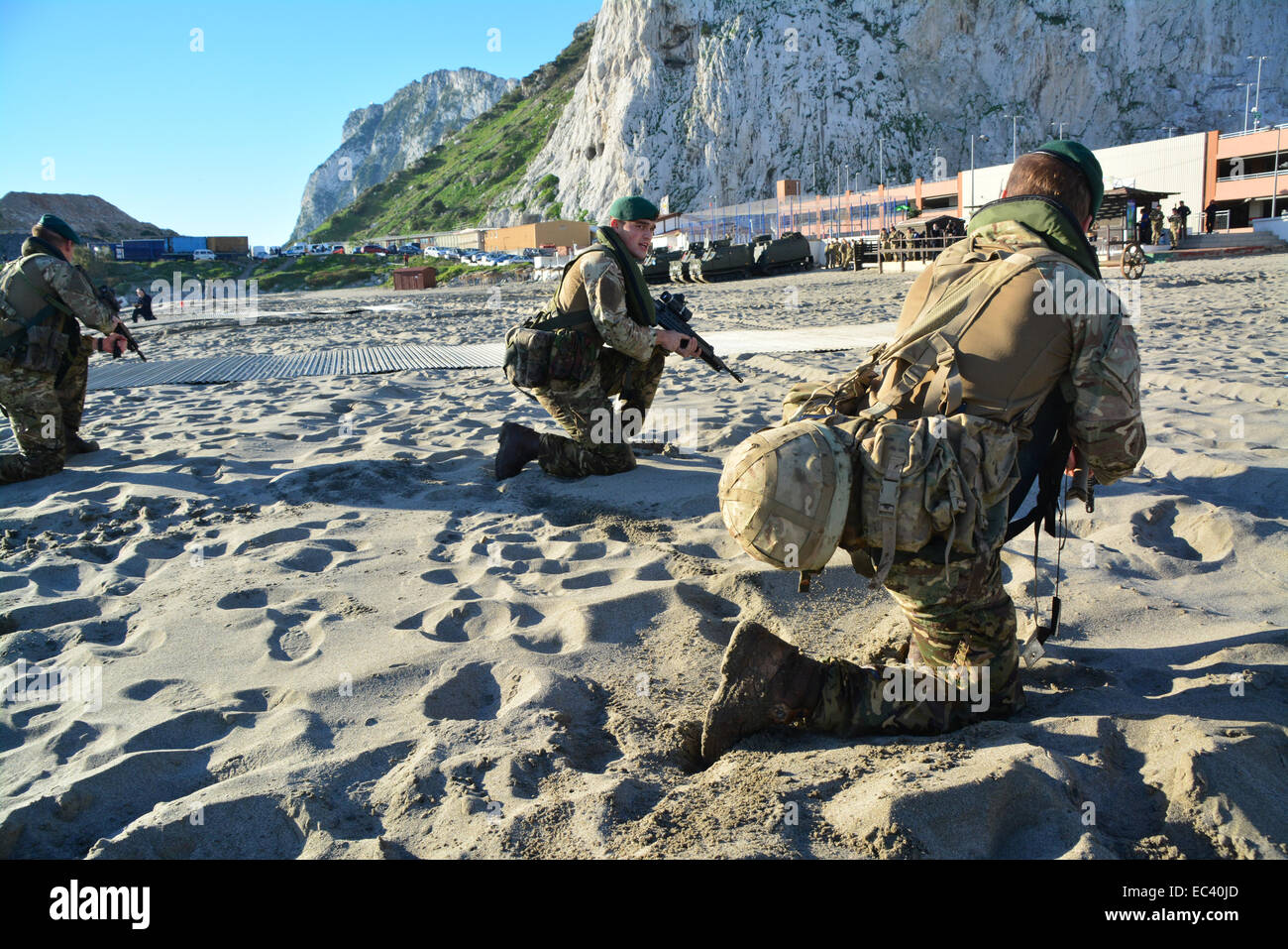 Gibraltar. 9th December, 2014. The Royal Navy and Royal Marines conducted a full amphibious landing exercise at Eastern Beach in Gibraltar. The exercise support by the Royal Navy Flagship HMS Bulwark saw the Commandos from Charlie Company, 40 Commando Royal Marines and four Assault Squadron Royal Marines (ASRM) tests their skillsfor amphibious operations and use of specialist landing and offshore raiding craft, capable of carrying Royal Marines Commandos, heavy vehicles, tanks, as well as stores and supplies. Credit:  Stephen Ignacio/Alamy Live News Stock Photo