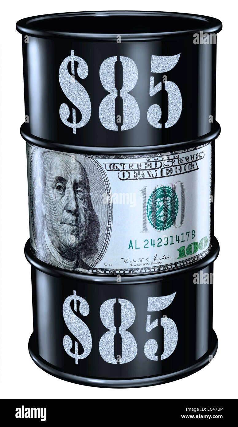Oil barrel priced at $85 Stock Photo