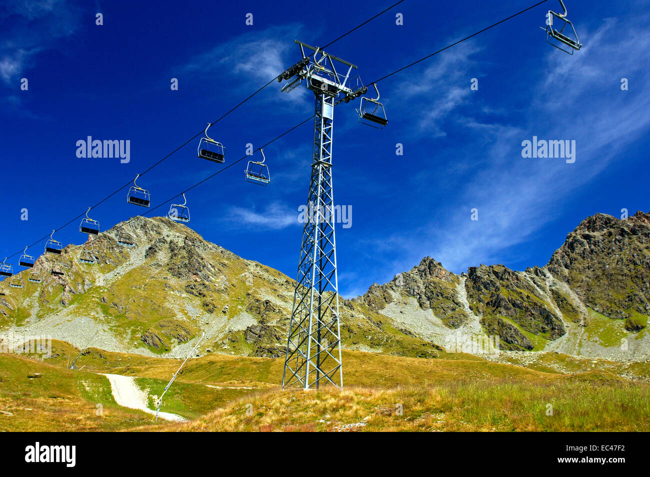Closed skilift in summer in the mountains near Verbier, Valais, Switzerland Stock Photo