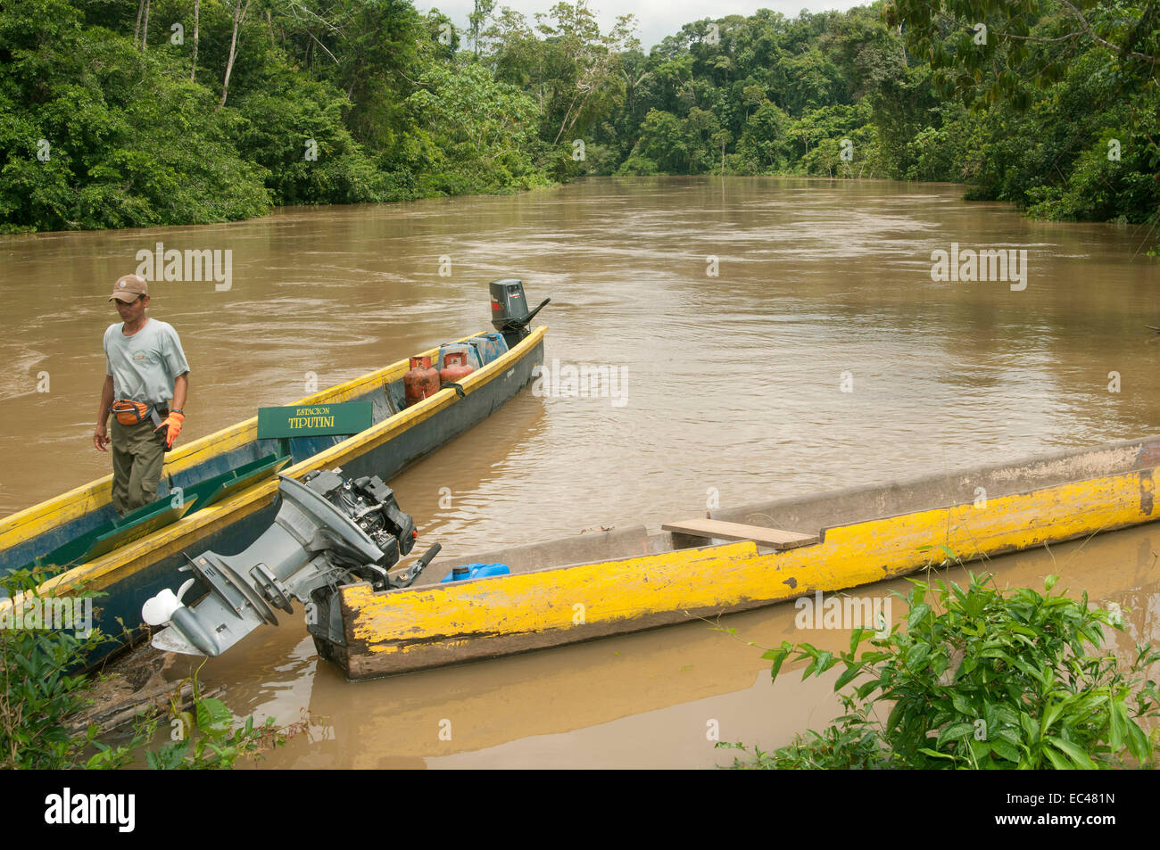 Canoes of the Tiputini Biodiversity Research Station moored at the
