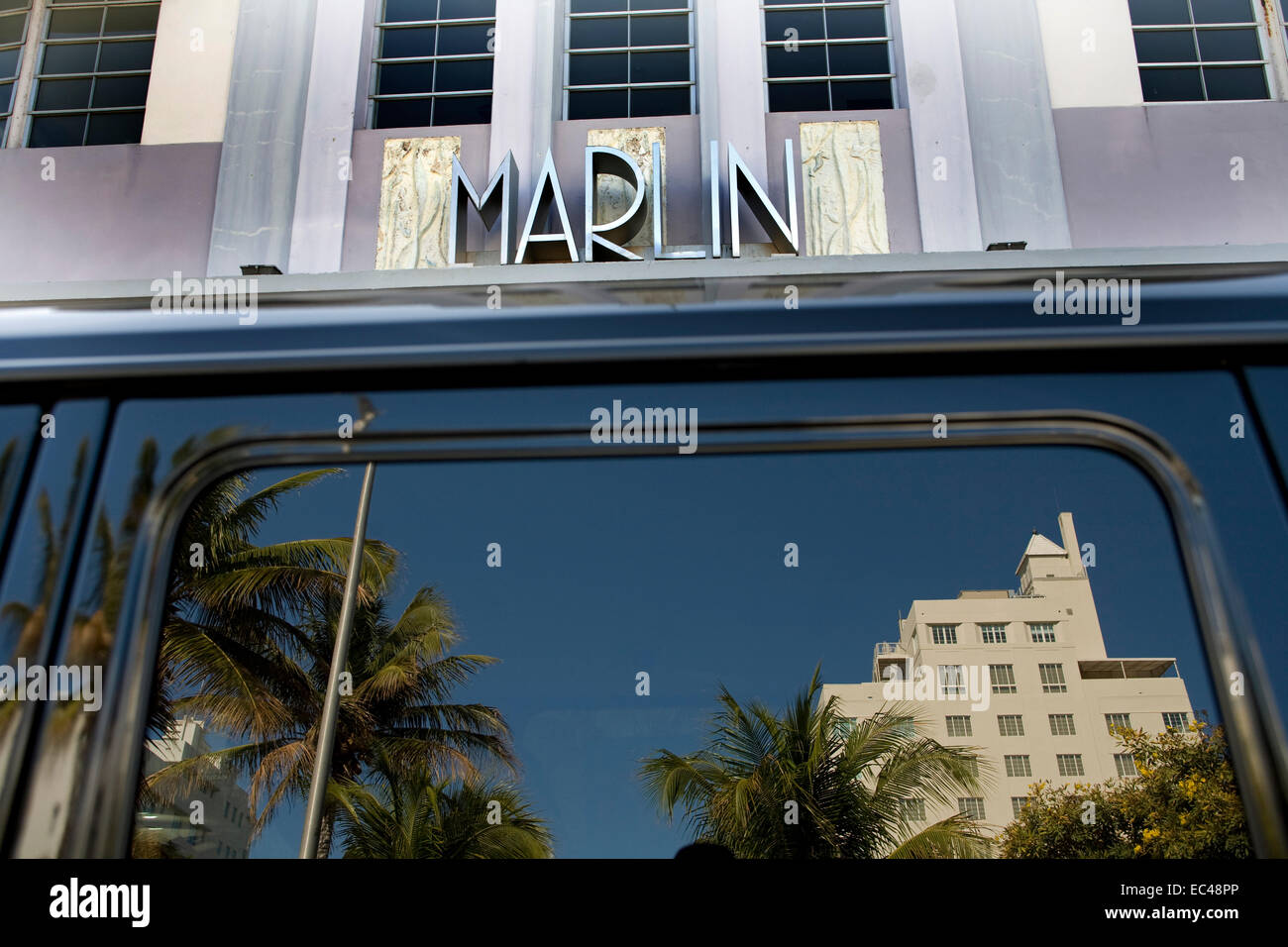Marlin Hotel with car window reflection, Southbeach, Miami Beach, Florida, USA Stock Photo