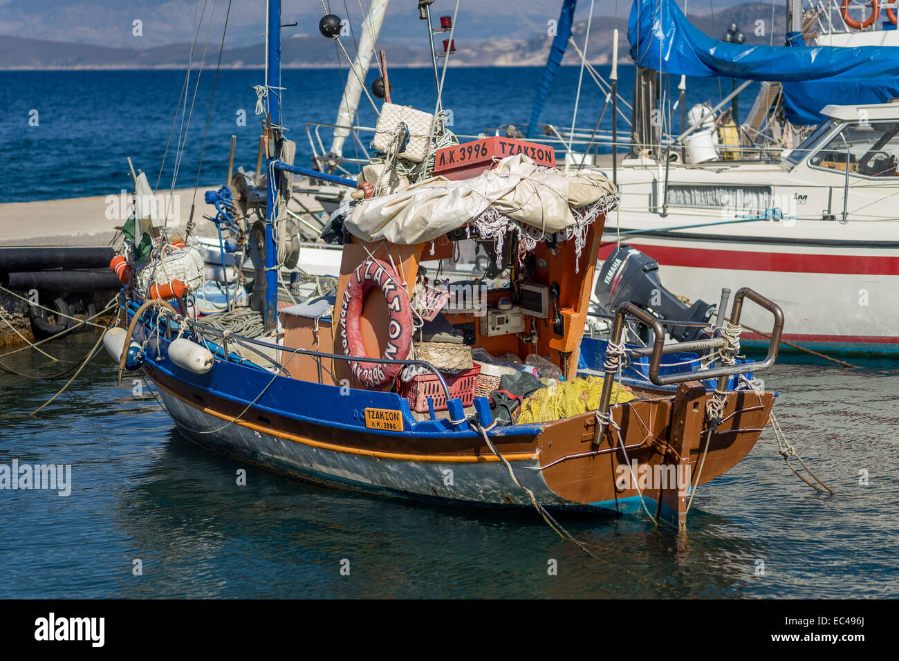 Old colorful wooden greek fishing boat Corfu Stock Photo ...