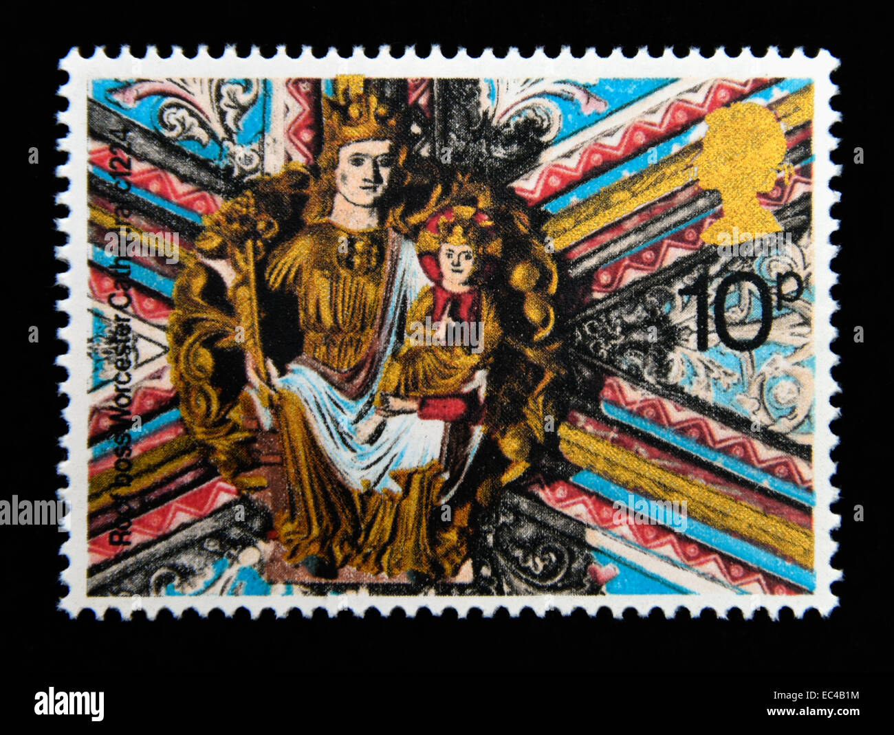 Postage stamp. Great Britain. Queen Elizabeth II. 1974. Christmas. Church roof bosses. Virgin and Child, Worcester Cathedral. Stock Photo