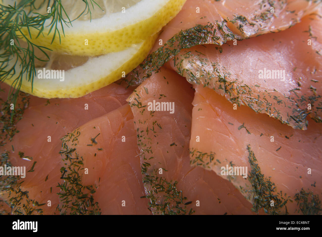 smoked salmon slices with lemon and dill Stock Photo