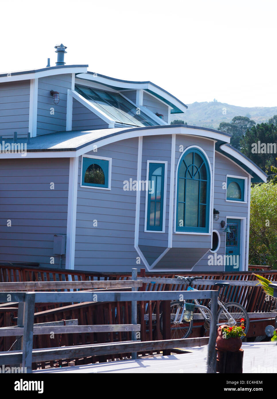 Blue Houseboat in Sausalito, California Stock Photo