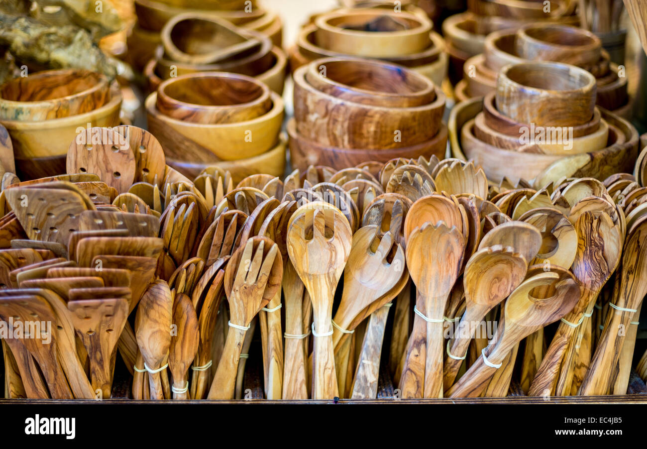 Cutlery,utensils made from olive wood Korfu Old Town Stock Photo