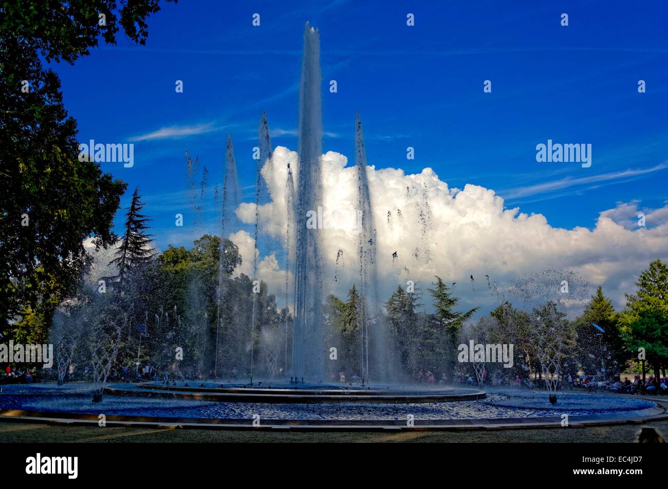 Fountain with large fountains, thunderstorm mood Stock Photo