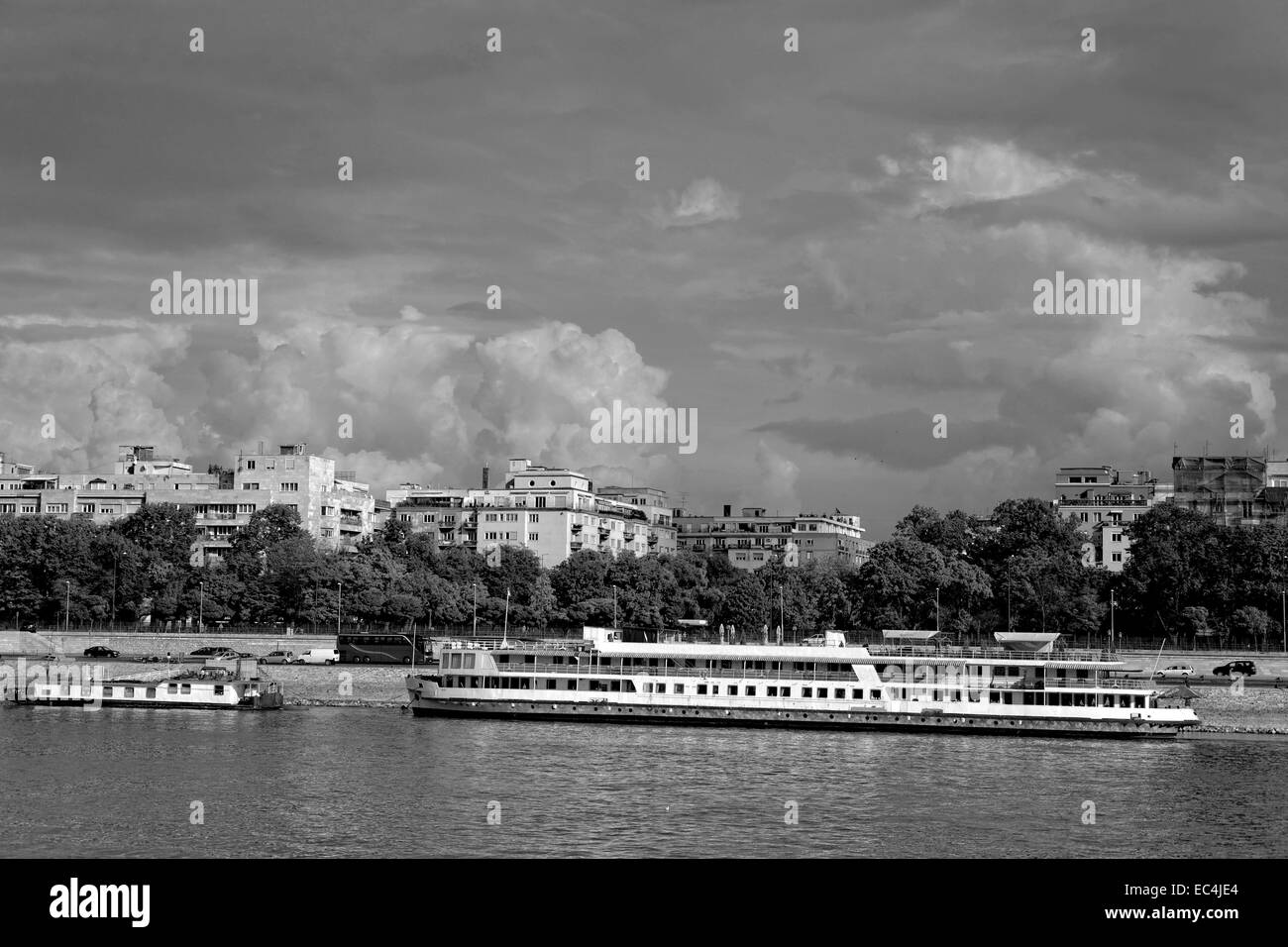 Look on passenger ship and original Bauhaus black and white architecture houses in Budapest Stock Photo